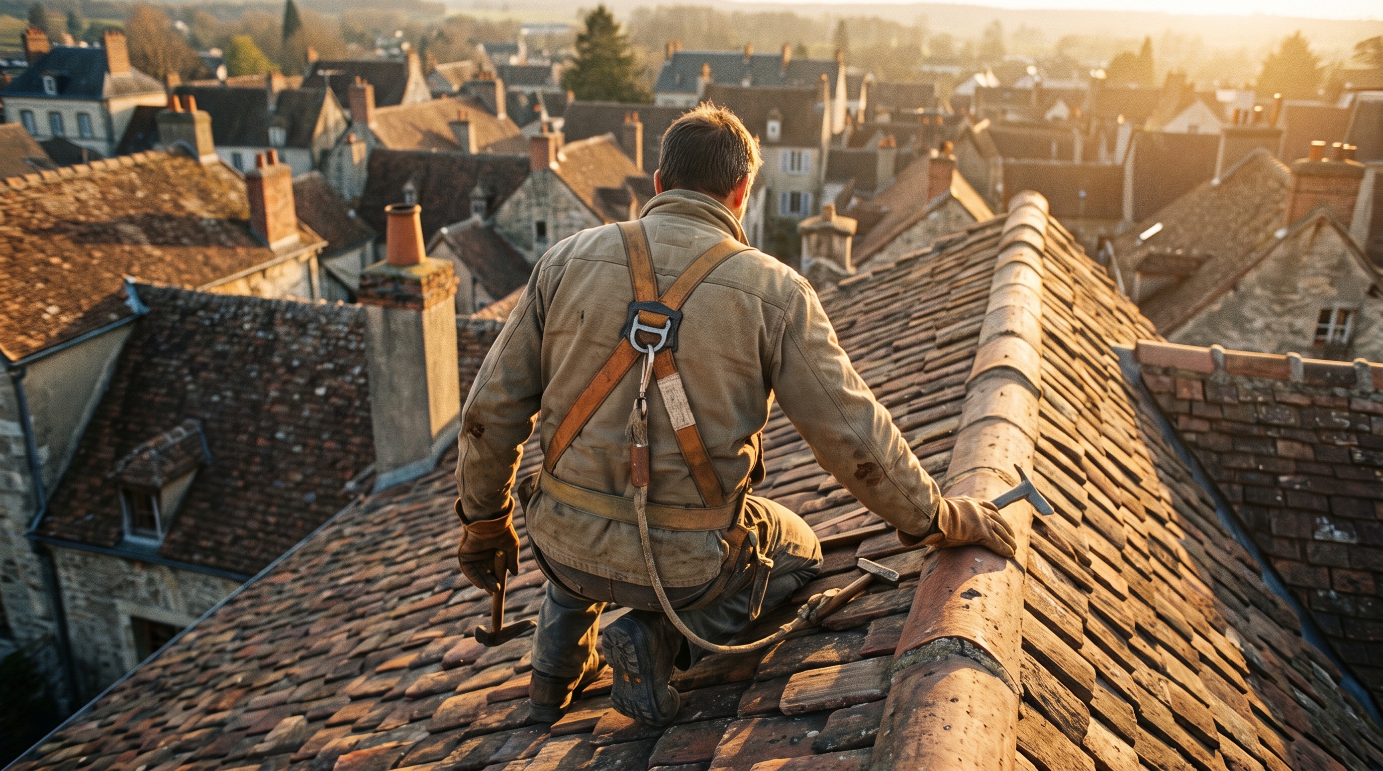 Dachdecker mit Sicherungsgurt am First eines Ziegeldachs in der goldenen Abendsonne, Dächer der Stadt im Hintergrund