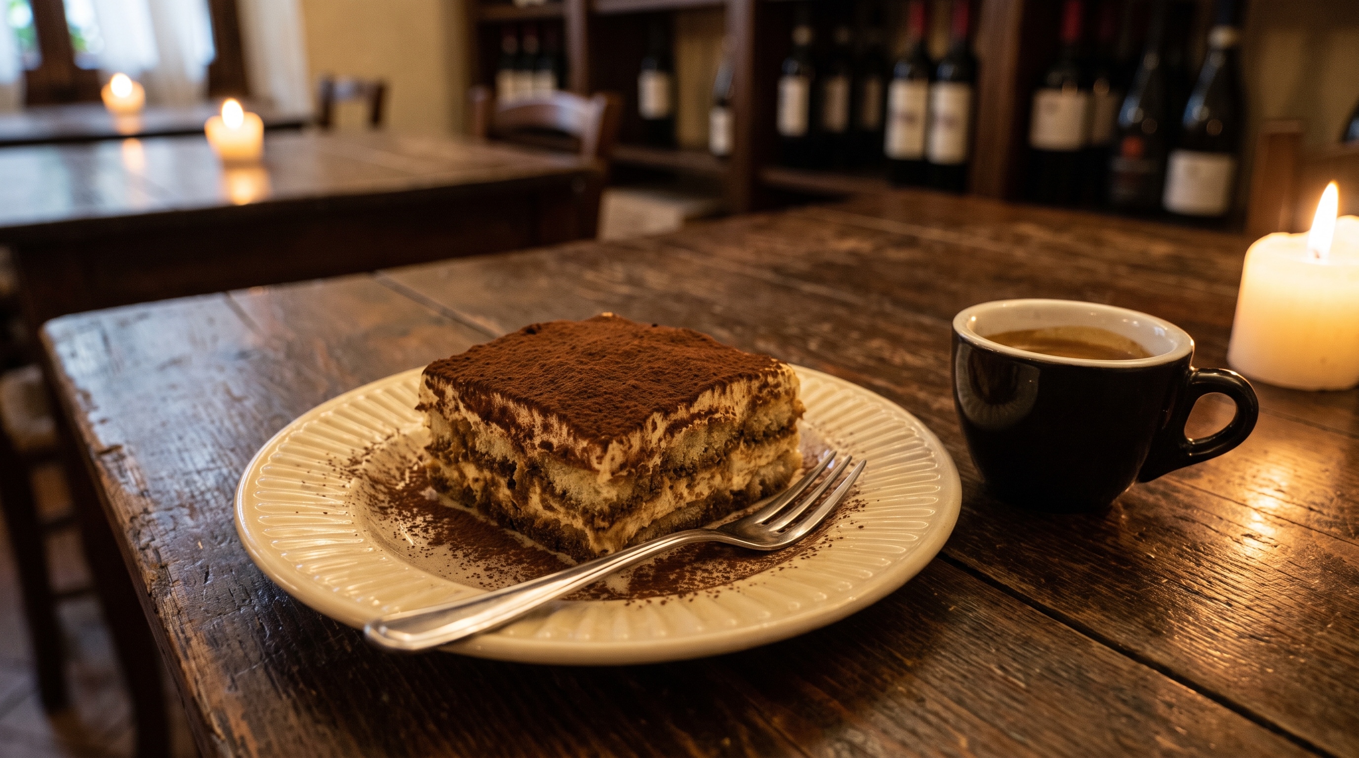 Tiramisù mit Kakao und Espresso auf dunklem Holztisch bei Kerzenlicht