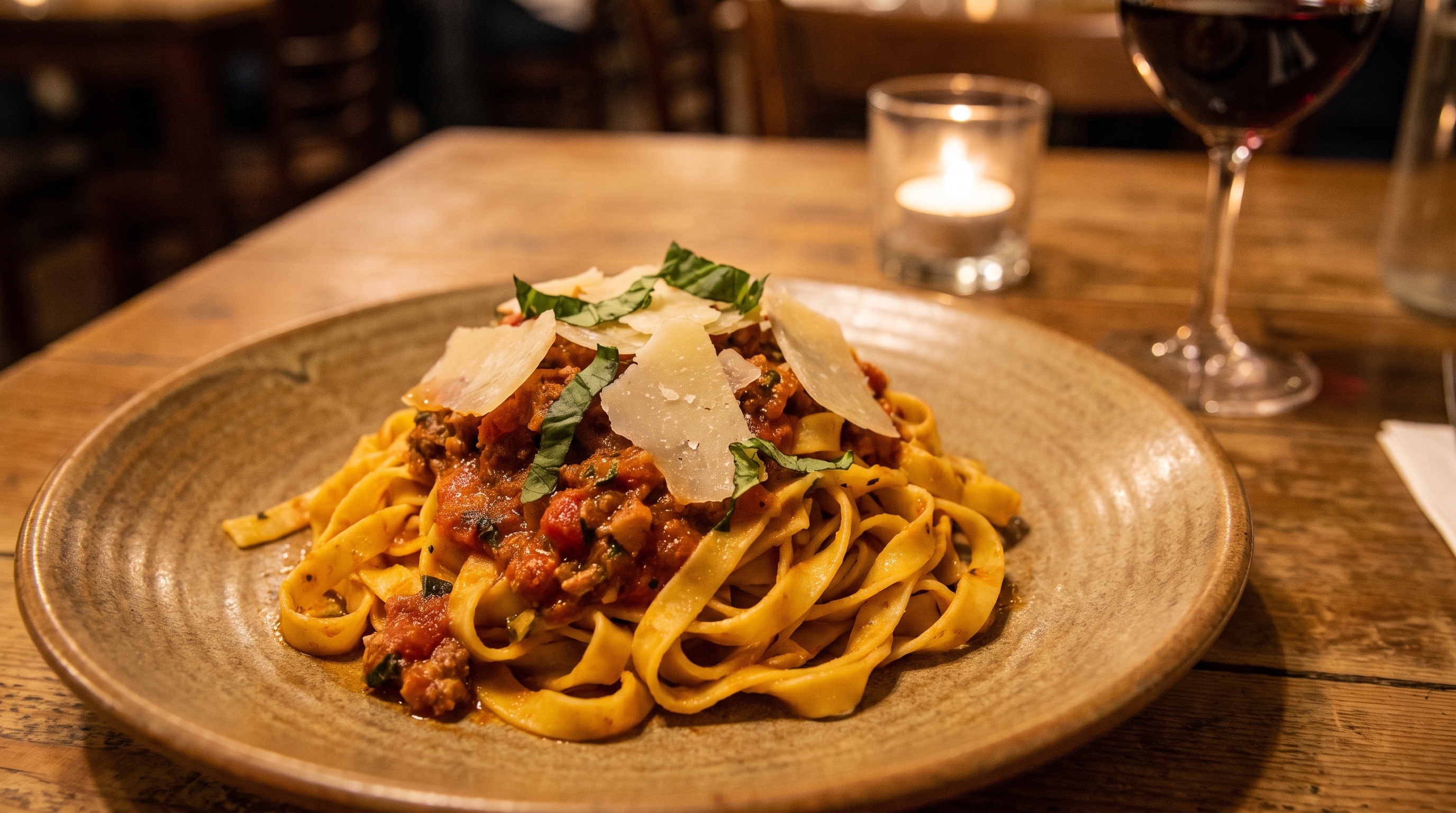 Tagliatelle mit Tomatenragù und Parmigiano auf rustikalem Holztisch im Kerzenschein