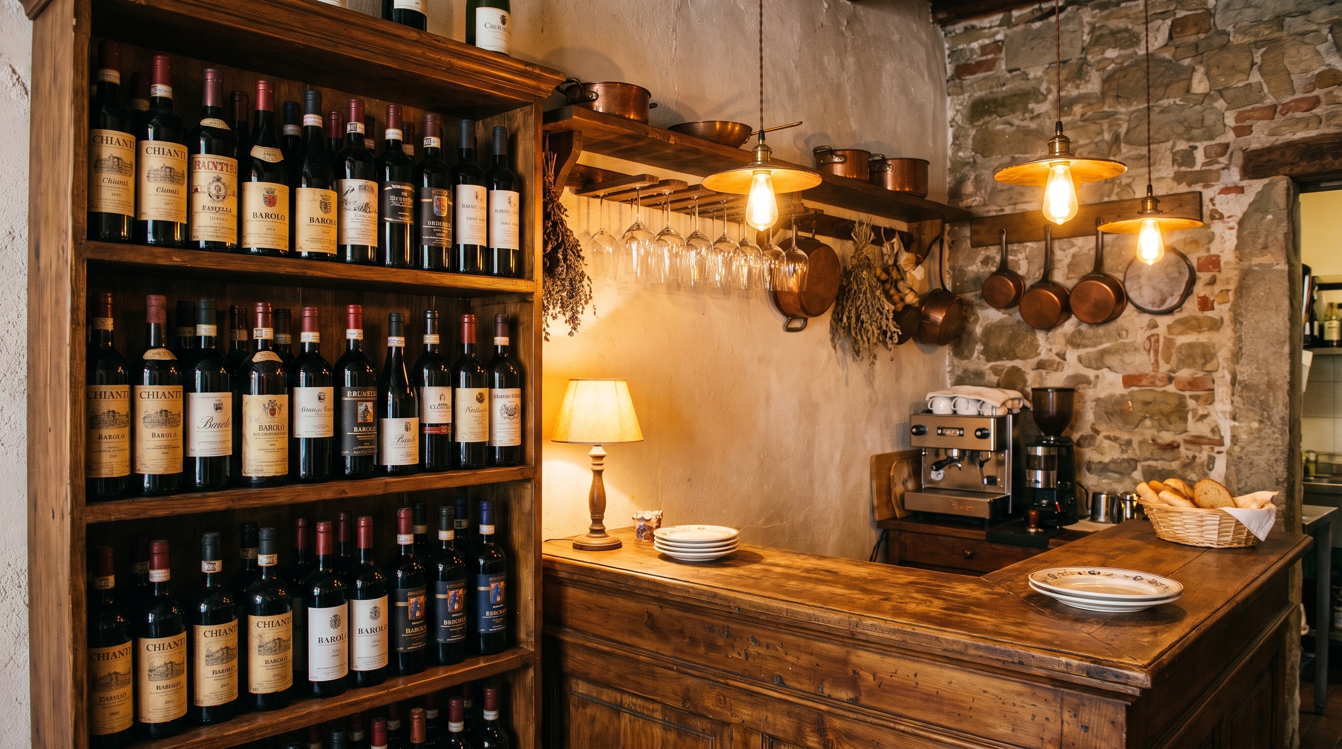 Weinregal mit italienischen Flaschen neben der Theke im Lampenlicht